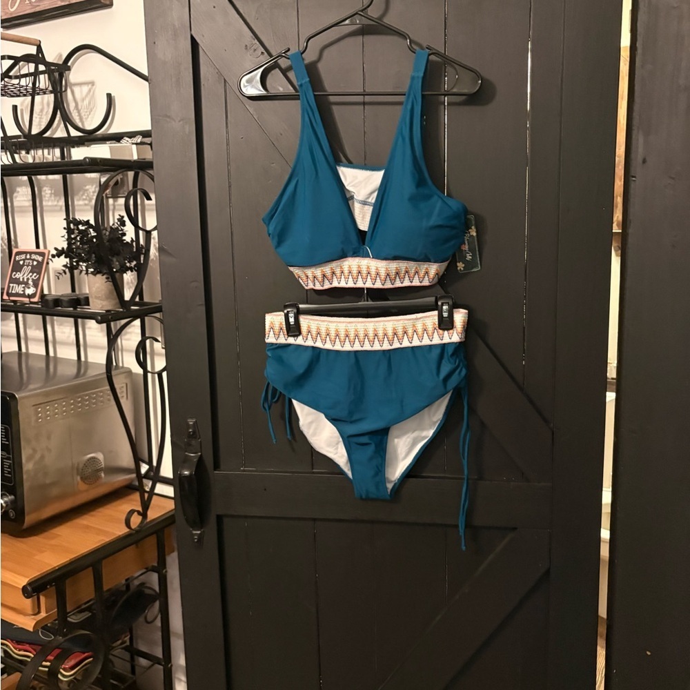 Teal Bikini Set with Patterned Waistband